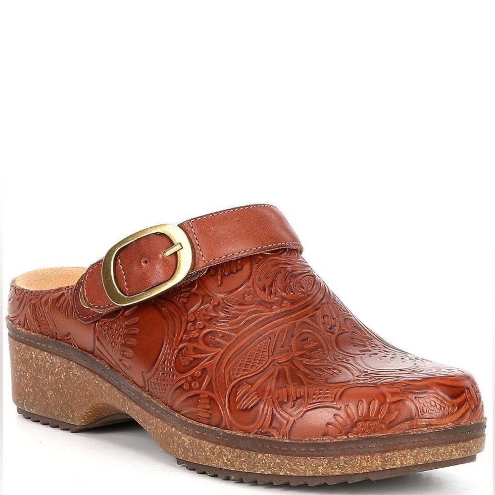 BRIOSO | Robson Tooled Floral Southwestern Brown Leather Clogs | Womens 10
